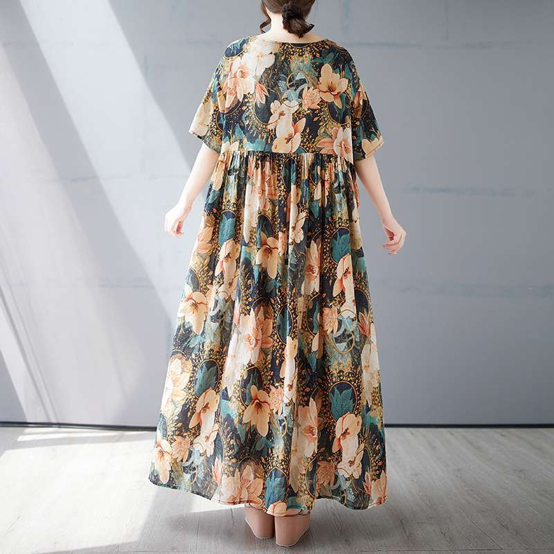 【ワンピース】夏 韓国風 花柄プリント 半袖クルーネックワンピース【SHシリーズ】