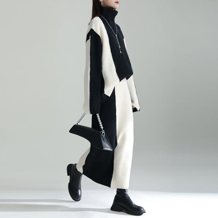 【セットアップ】高品質 秋冬 人気 着痩せ カラーマッチング ニットセーター+スカート 上下セット