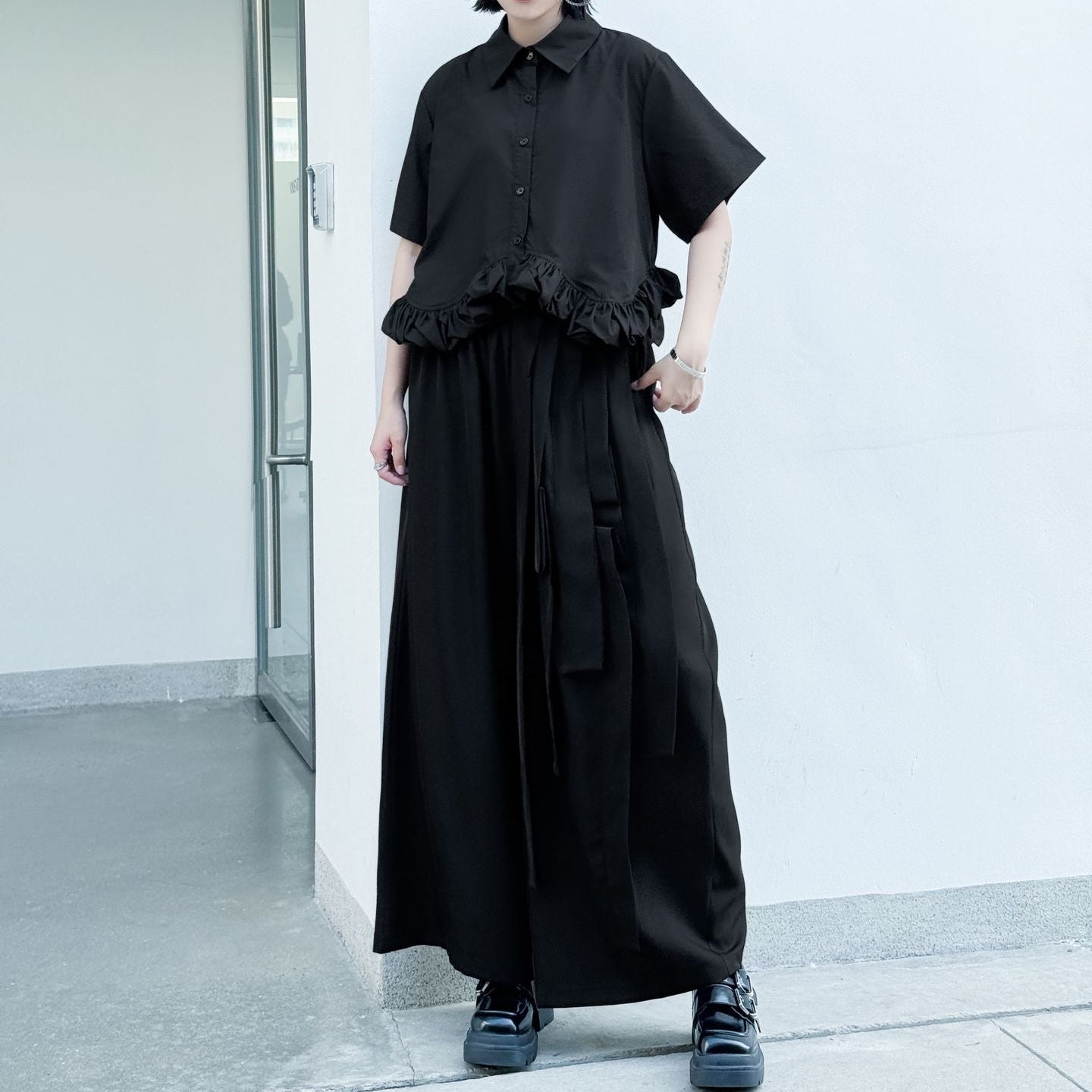 セットアップ】【単品注文】夏 フリルギャザー ルーズ 半袖 シャツ+ 