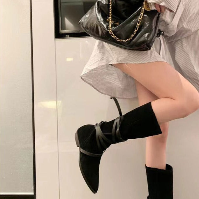 シューズ】春秋冬 レトロ ハイバレルブーツ インヒール カウボーイ ブーツ