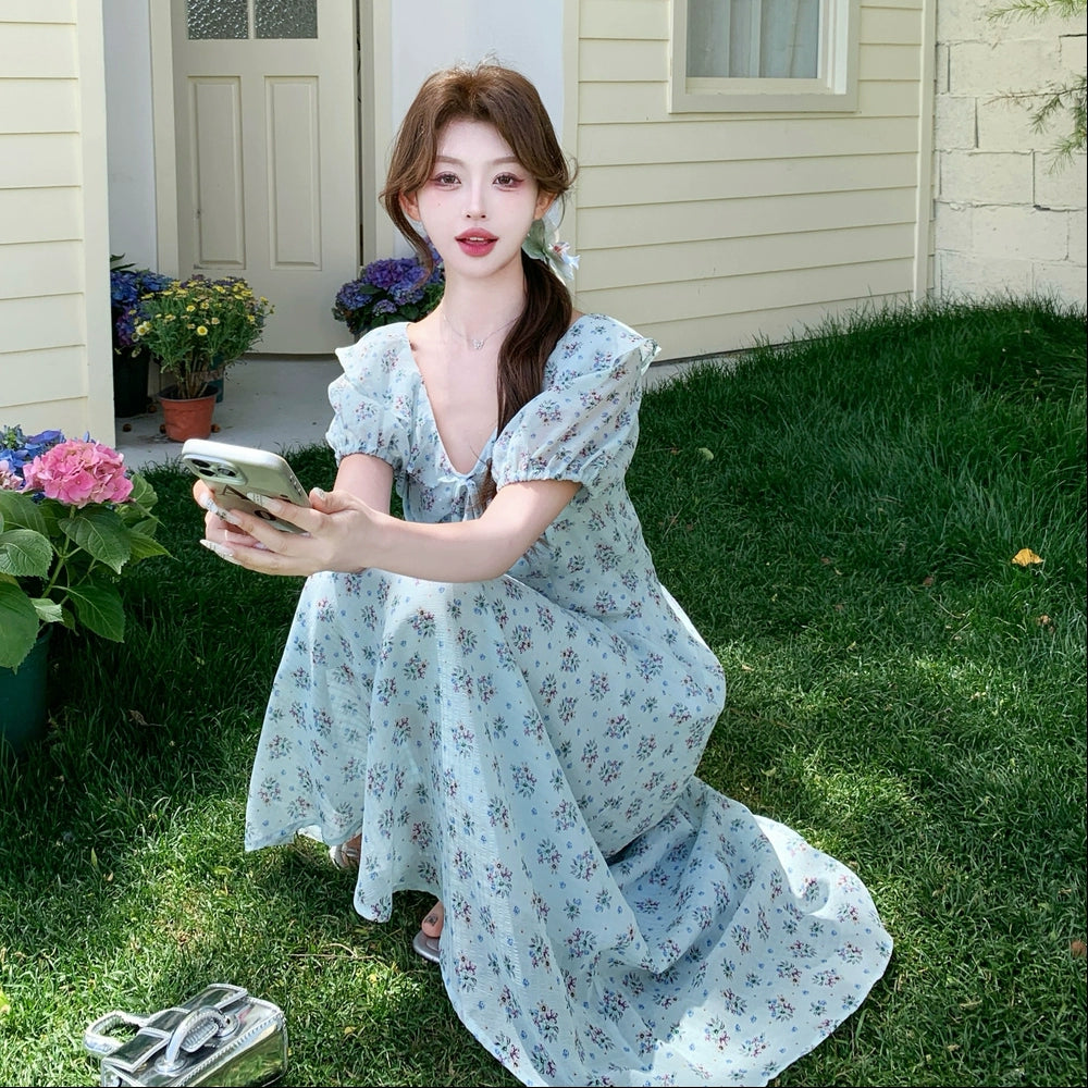 【ワンピース】花柄シフォン 半袖ワンピース|Vネック 細見え叶う♡フレンチガーリーなAラインドレス【SHシリーズ】