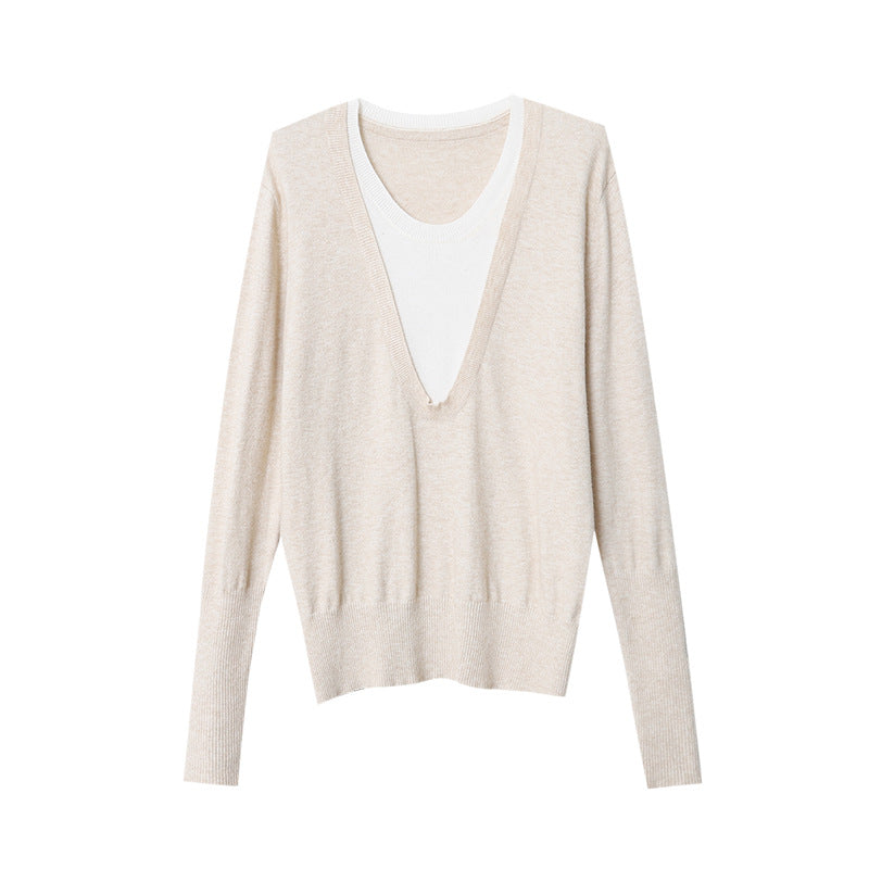 【トップス】春秋冬 Vネック フェイクレイヤード ニット Tシャツ【JZシリーズ】