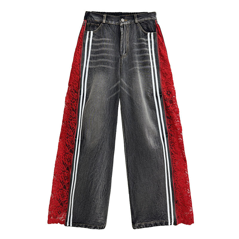 【ボトムス】夏 ウォッシュデニム 切り替え レース ワイドシルエット パンツ 【AHシリーズ】