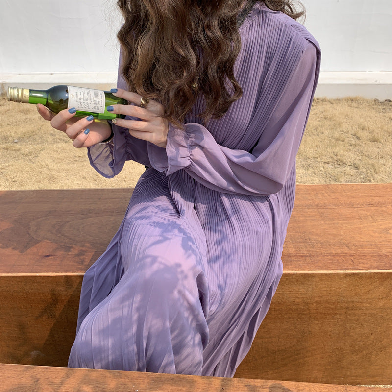 【ワンピース】春秋夏 Chic シフォン ルーズ パープル プリーツ 長袖ワンピース