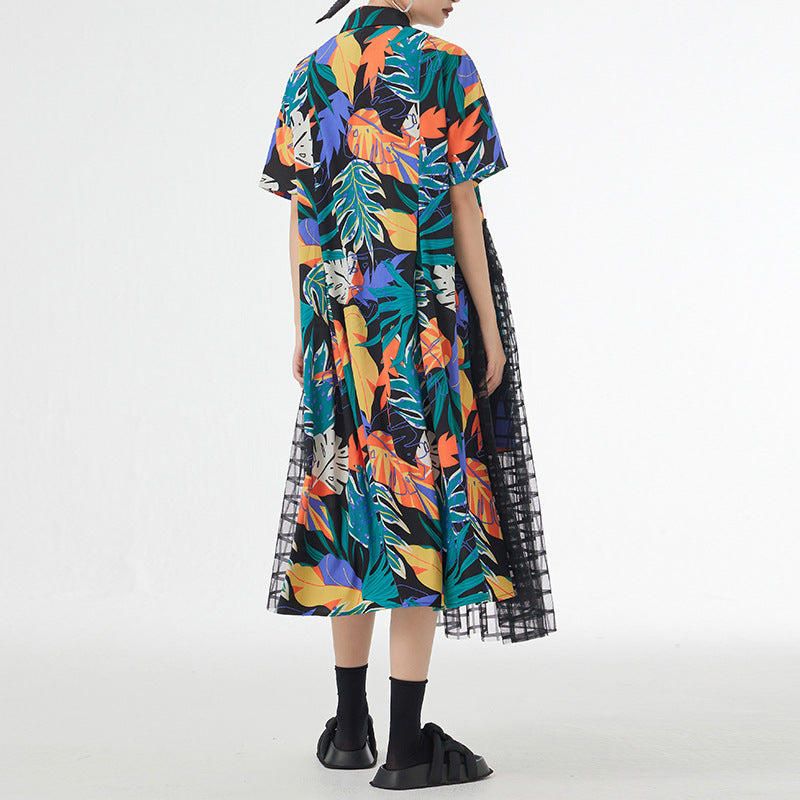 【ワンピース】モード系 ネックシアー切替 半袖ワンピース レディース 夏 ロングワンピース Aライン ゆったり 上品 デザイン性【SHシリーズ】