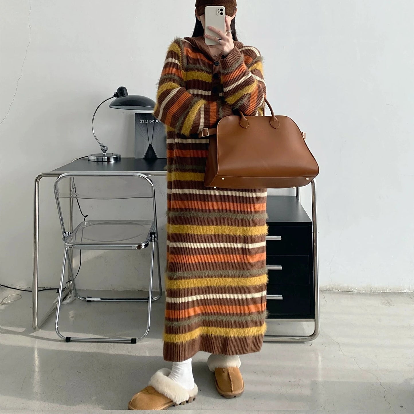 【ワンピース】冬 Basic日常簡約 配色 しま模様 ニット生地フード付き 長袖ワンピース 【FCシリーズ】