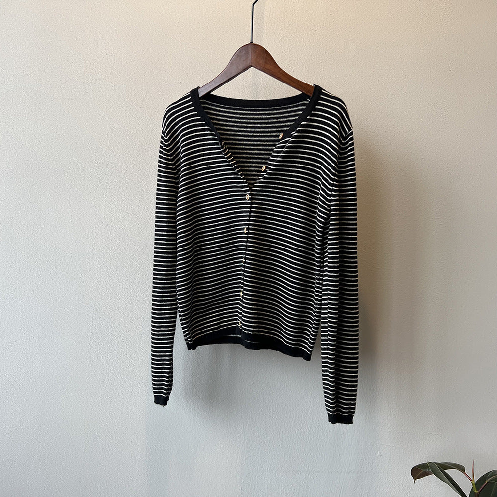 【トップス】バイカラーストライプが映える!韓国風薄手ニットカーディガン|体型カバーも叶う秋トップス【JZシリーズ】