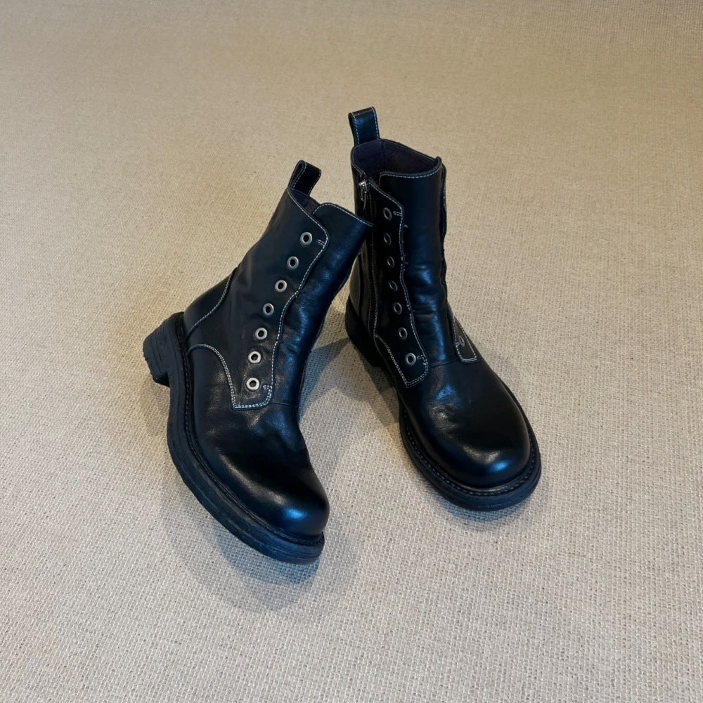 【シューズ】春秋冬 牛革 ラウンドトゥ シック ファスナー付き ブーツ