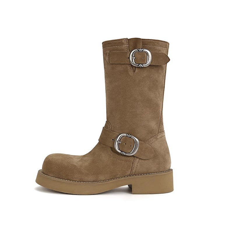 【シューズ】春秋冬 レトロ メタルバックル ラウンドトゥ マーチンブーツ ベルトバックル ルーズショート ブーツ