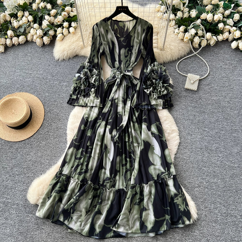 【ワンピース】フレンチ花柄ワンピース Vネック 長袖 立体フラワー フレアロング 着痩せ エレガント リゾートワンピ【SHシリーズ】