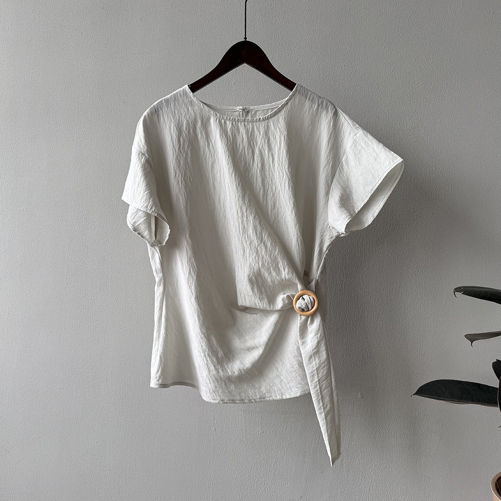 【トップス】夏新作 フレンチエレガンス テンセルリネン 半袖ブラウス 上品ラウンドネック デザインシャツ 【JZシリーズ】