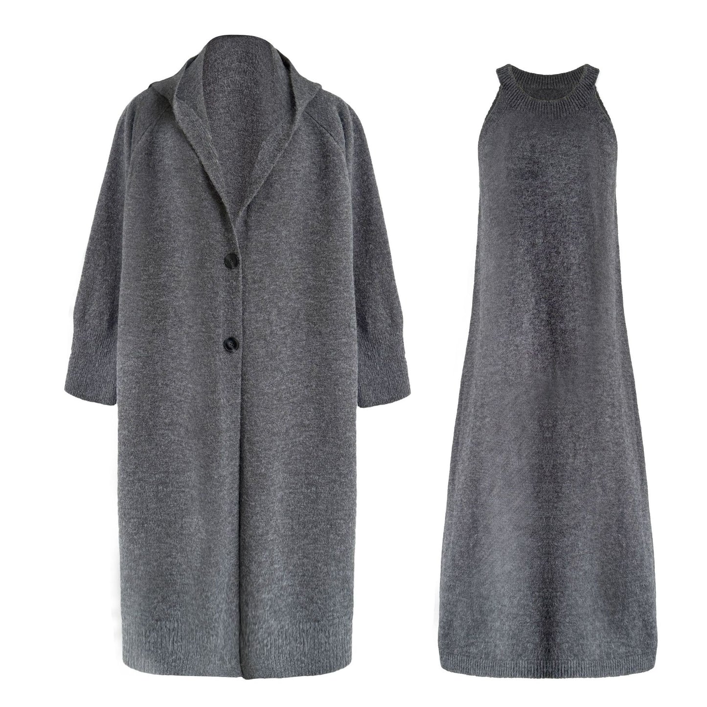 【セットアップ】【単品注文】ゆったり風 ロング丈 春 秋 冬 フード付き カーディガン + ノースリーブ ワンピース 2点ワンピースセット 【JZシリーズ】