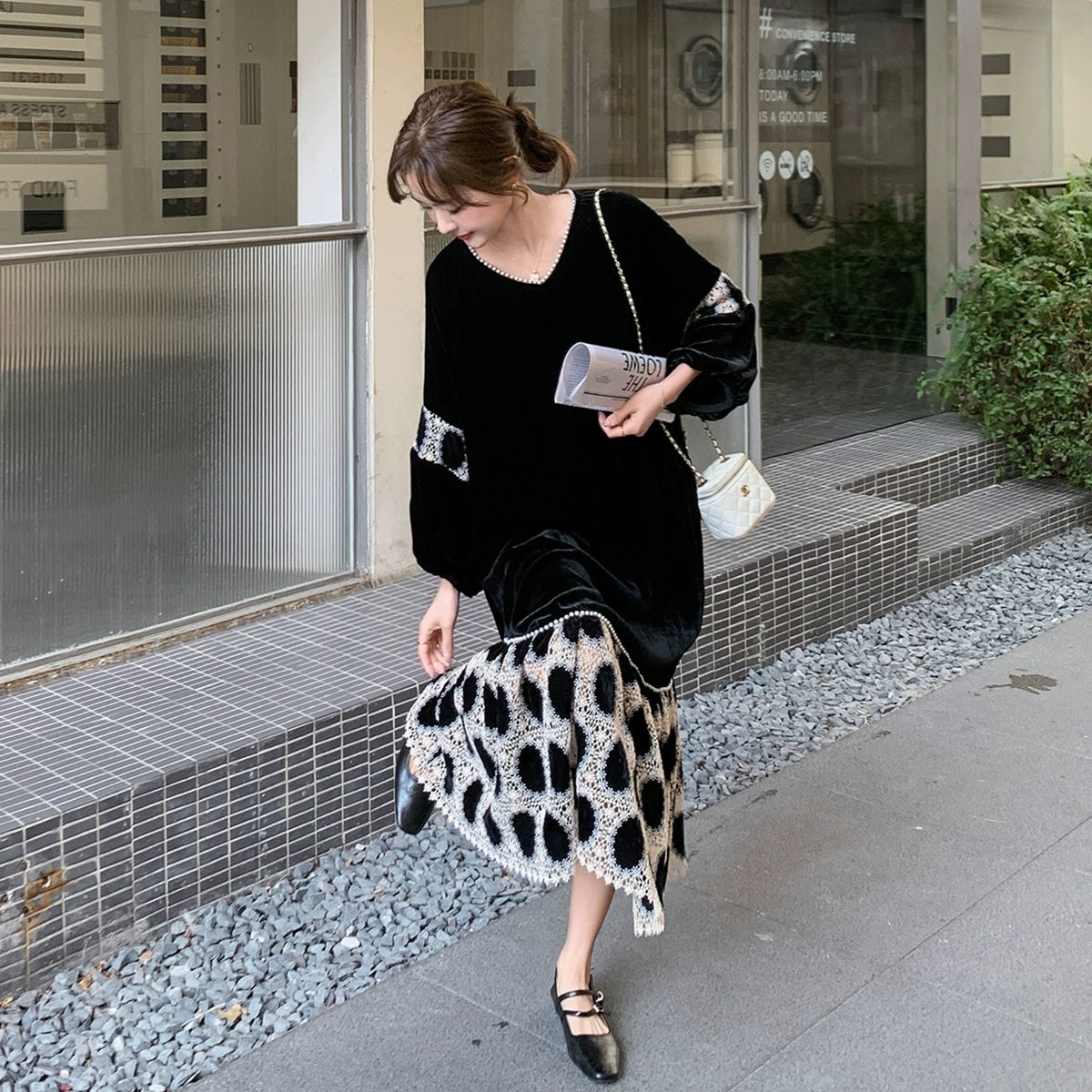 ワンピース】ブラック ベルベット 長袖ワンピース レディース A