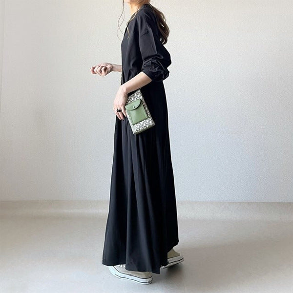 【ワンピース】夏春秋 新作 ラウンドネック ボタン付き 長袖ワンピース