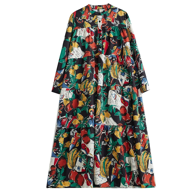 【ワンピース】春 秋 冬 プリント ルーズ ミディ丈 ワンピース 【SHシリーズ】