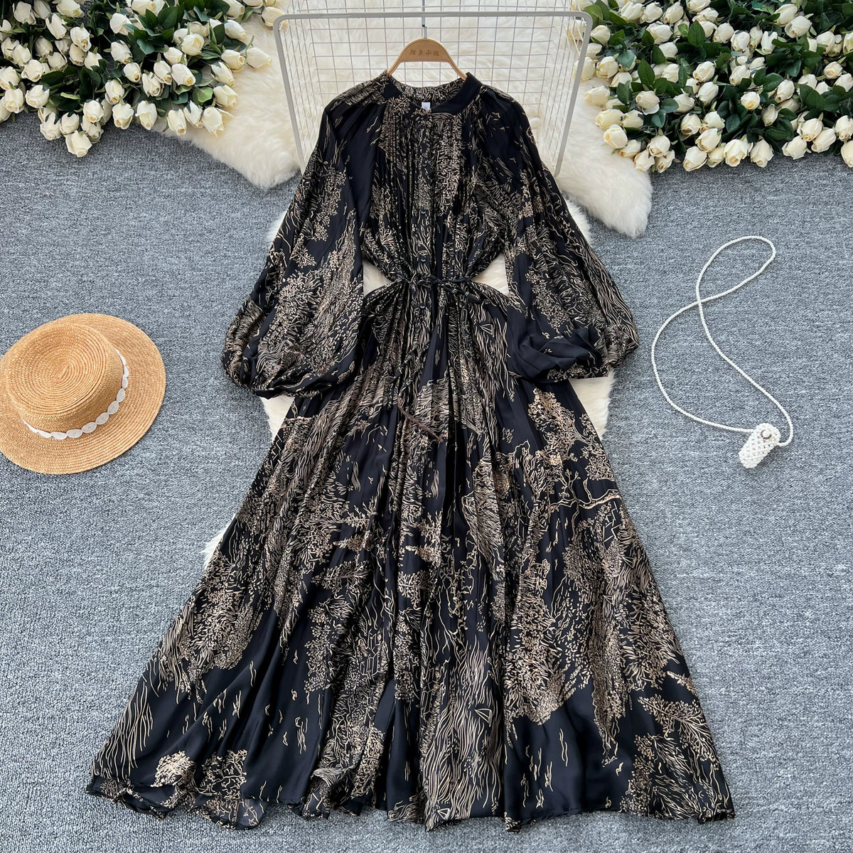 【ワンピース】ウエストマークプリントワンピース レディース 秋新作 長袖 クルーネック ボリュームスリーブ プリーツ フレア【SHシリーズ】