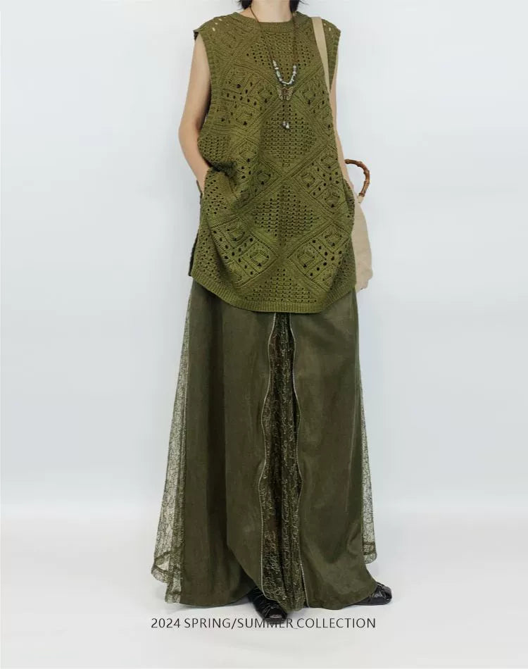 【単品注文】【セットアップ】春夏 透かし編み ノースリーブベスト + レース 切り替え スカート 上下セット【シリーズ】
