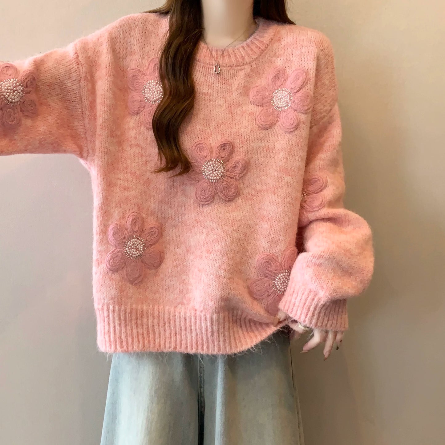 【トップス】高級感 刺繍 プラスサイズ 着痩せ ニットセーター