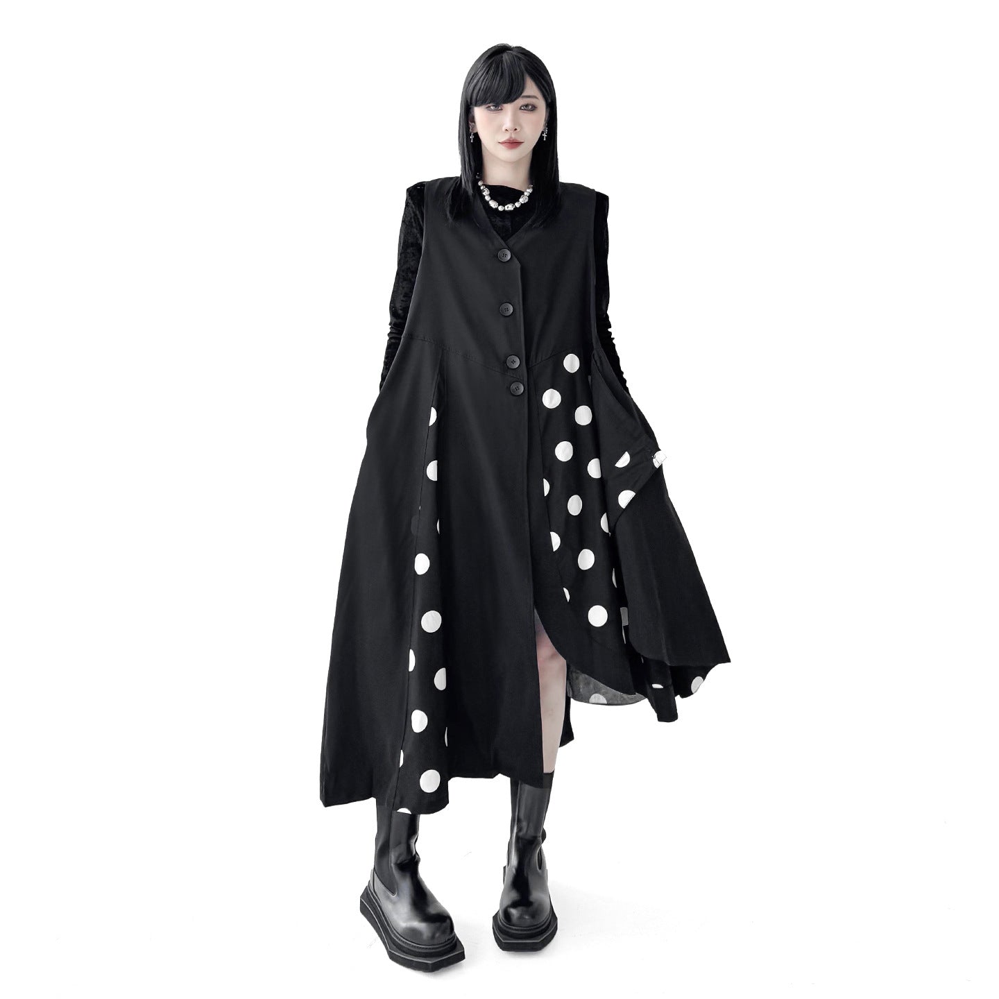 【トップス】不規則デザイン ドット柄 ロングベスト レディース 春秋 新作 ファッション【AHシリーズ】