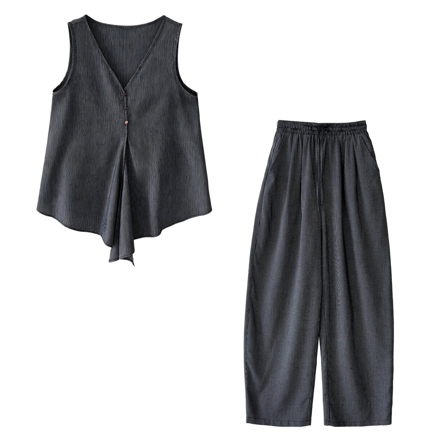 【セットアップ】テンセル×リネン ノースリーブ ストライプトップス + カジュアルロングパンツ 2点上下セット 【JZシリーズ】