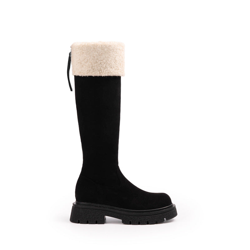 【シューズ】秋冬 新作 厚底 裏起毛 バックジップ ロングブーツ 太ヒール スエード調 【25~30日発送】
