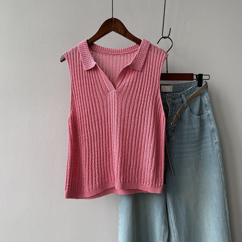 【トップス】夏用 薄手ノースリーブ ポロ襟透かし編みシアーニットベスト【JZシリーズ】