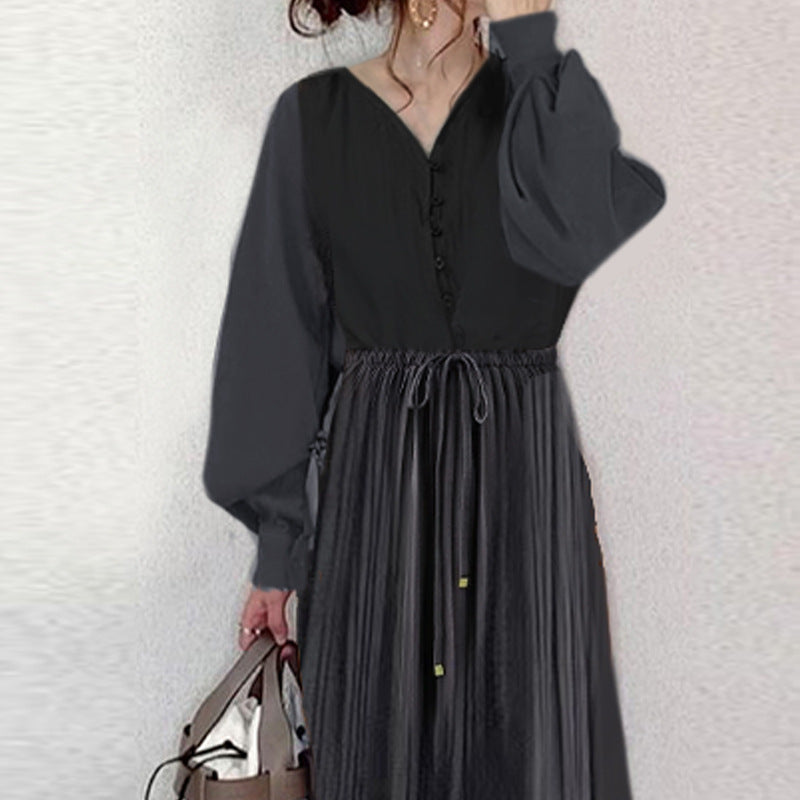 【ワンピース】春秋 Vネック プリーツ 長袖ワンピース