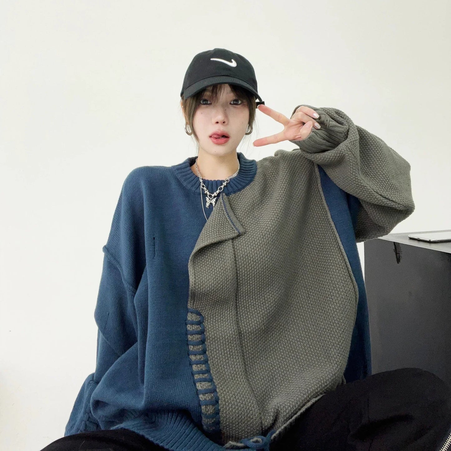 【トップス】秋冬 レトロ ゆったり 配色 個性派 ニットセーター【FCシリーズ】