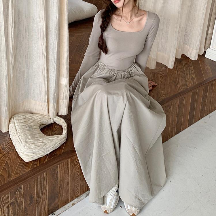 【ワンピース】春秋 トレンドアイテム スクエアネック 着痩せ 長袖ワンピース