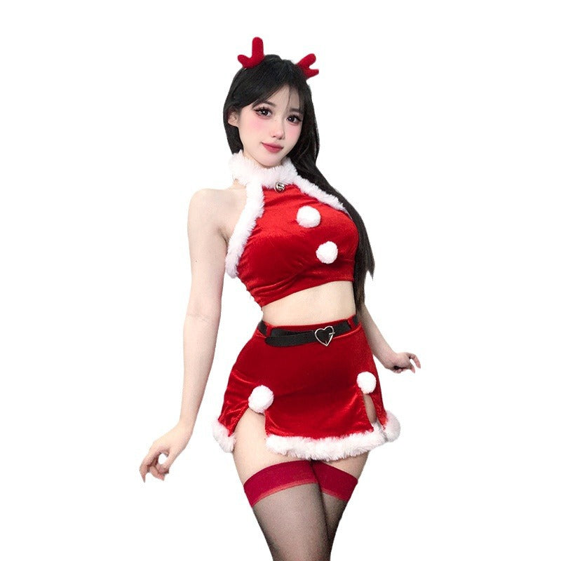 【クリスマス】セクシー ハルタネック ベルベット フェイクファー スリット タイトスカート クリスマス コスチューム
