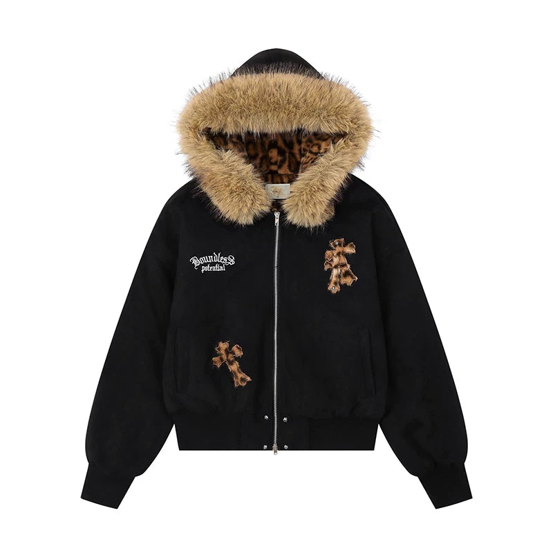 ファー襟取り外し可能~【アウター】レオパード柄 クロス&イーグルデザイン 中綿 フード付きジャケット レディース 綿入れコート【FCシリーズ】