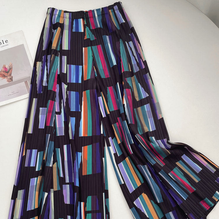 【ボトムス】夏 プリーツ加工 アートプリント ウエストゴム リラクシー パンツ 【SHシリーズ】