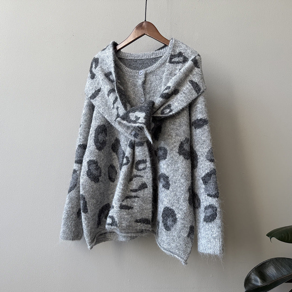 【トップス】ゆるニット レオパード柄カーディガン マフラー付き 秋冬 暖かい おしゃれ レディース【JZシリーズ】