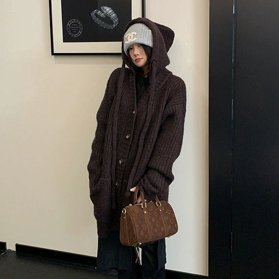 【アウター】レトロ ヘビーゲージ 厚手 フード付き ニットセーター カーディガン【FCシリーズ】