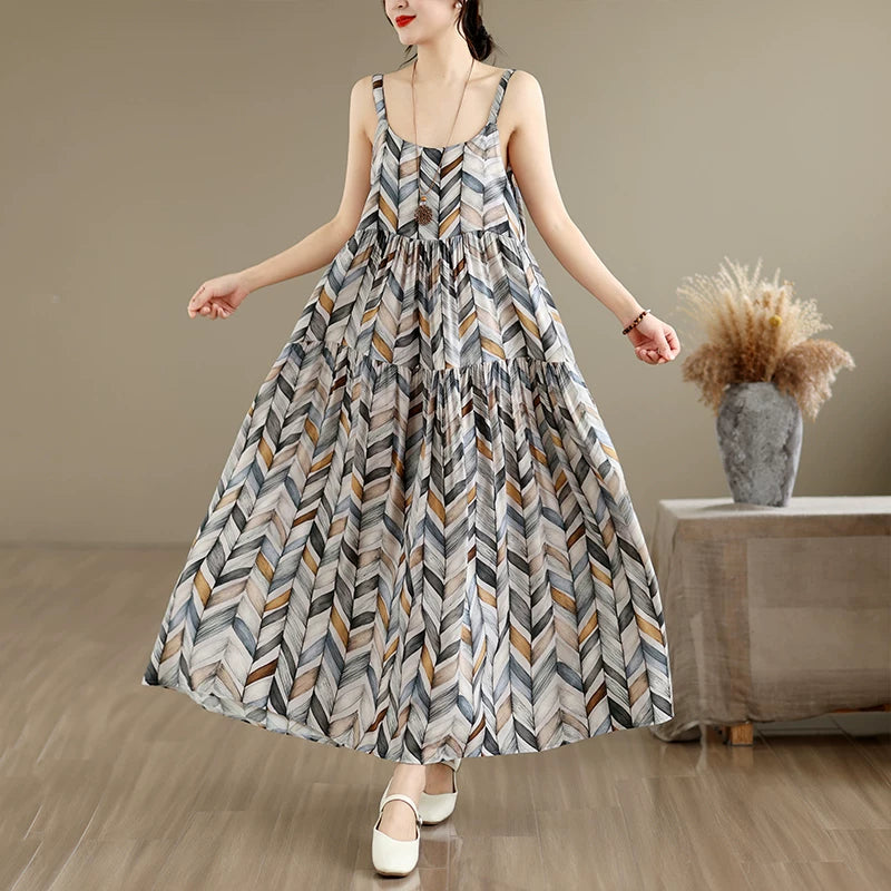 【ワンピース】大きいサイズ レディース キャミワンピース 夏 リネンコットン 花柄 ロングワンピース ゆったり 体型カバー 着痩せ【SHシリーズ】