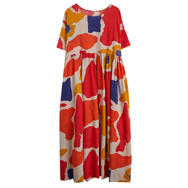 【ワンピース】夏 アート 配色 ラウンドネック 半袖ワンピース【SHシリーズ】