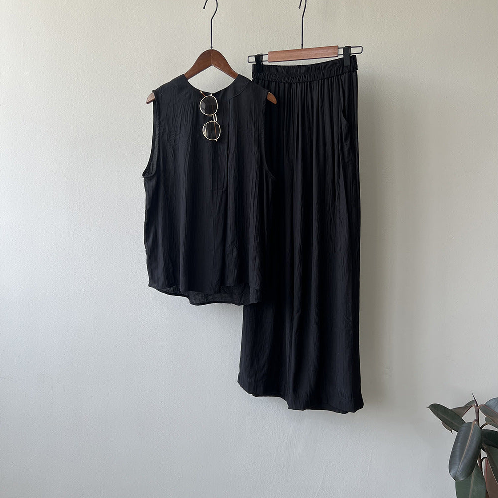 【セットアップ】気質よい シャーリング 夏 ノースリーブ Tシャツ + パンツ 上下セット【JZシリーズ】