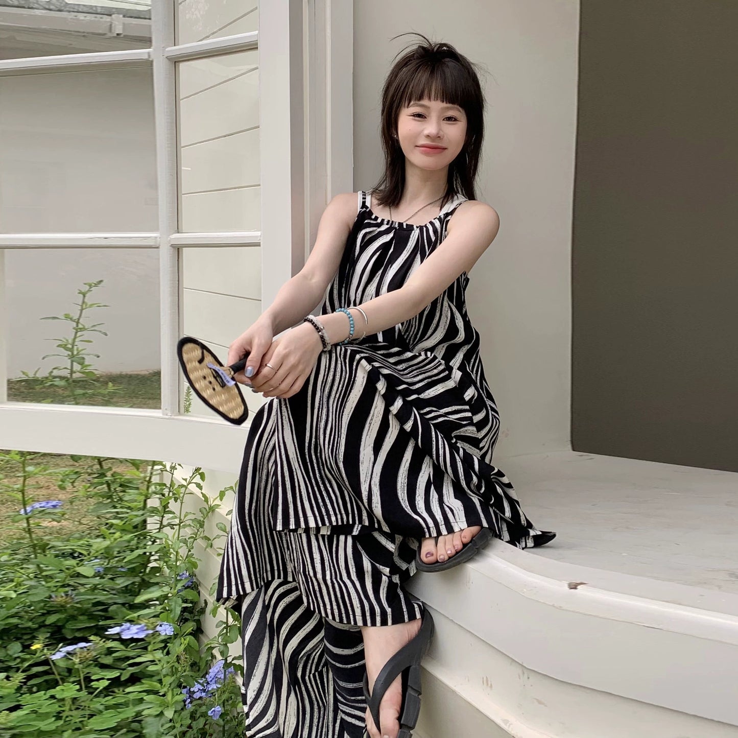 【ボトムス】ゆったりカジュアル 夏用 水波模様 ルーズ感たっぷり オーバーサイズキャミサロペット 【SHシリーズ】