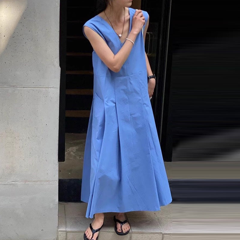 【ワンピース】夏 Vネック フリルギャザー タンクトップ ノースリーブ ワンピース