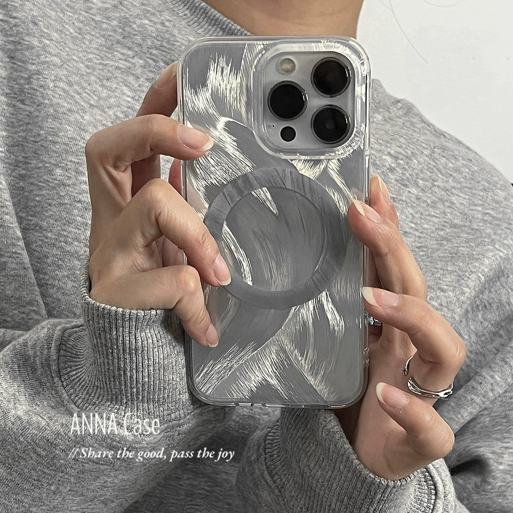 【グッズ】高級感のあるニッチデザイン シルバー羽紗 ガラス製マグネットスタンド付き 対応 iPhone 16 Pro Max / iPhone 14 / iPhone 12 Pro / iPhone 15 / iPhone 13 Pro Maxスマホケース