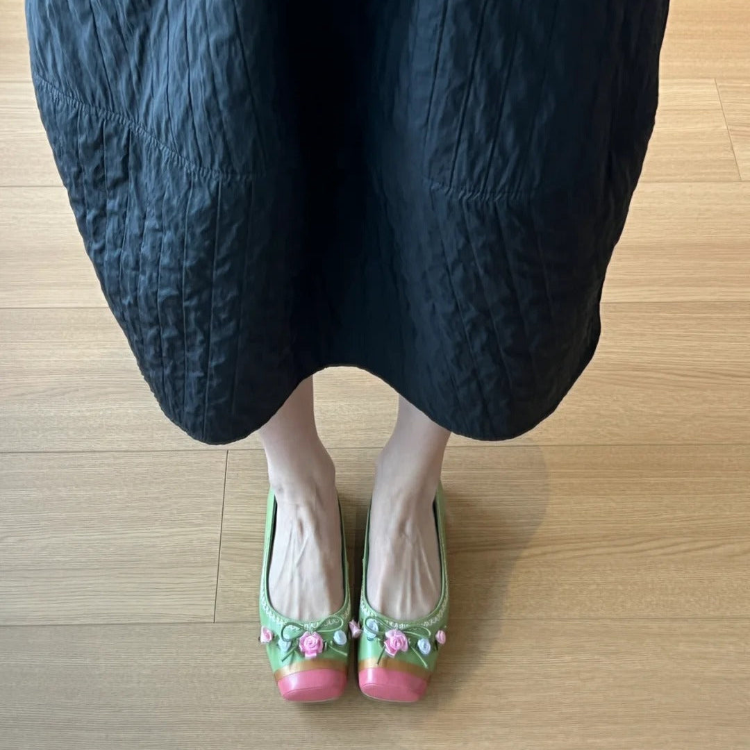 【シューズ】夏 春 秋 切り替え キュート スクエアトゥ パンプス