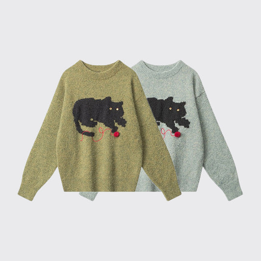 【トップス】立体ねこデザイン クルーネックニット 男女兼用 秋冬 ゆったり着用 プルオーバー【FCシリーズ】