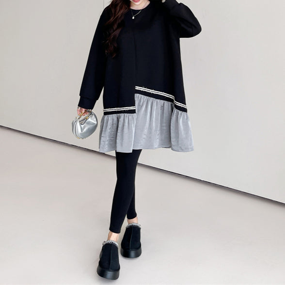 【ワンピース】 春秋冬 スウェット 配色 切り替え ゆったり 着痩せ 長袖ワンピース
