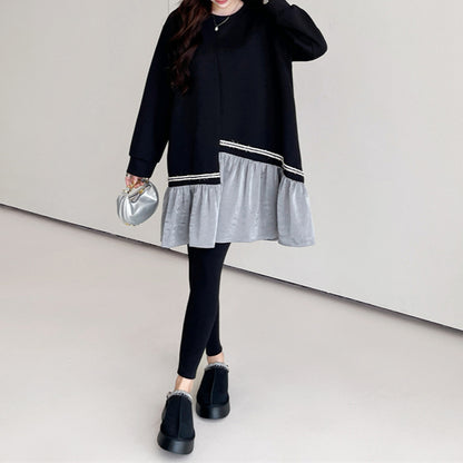 【ワンピース】 春秋冬 スウェット 配色 切り替え ゆったり 着痩せ 長袖ワンピース