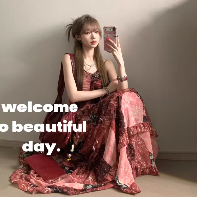 【ワンピース】ライトラグジュアリー 高級感 花柄 個性デザイン ノースリーブキャミワンピース【SHシリーズ】