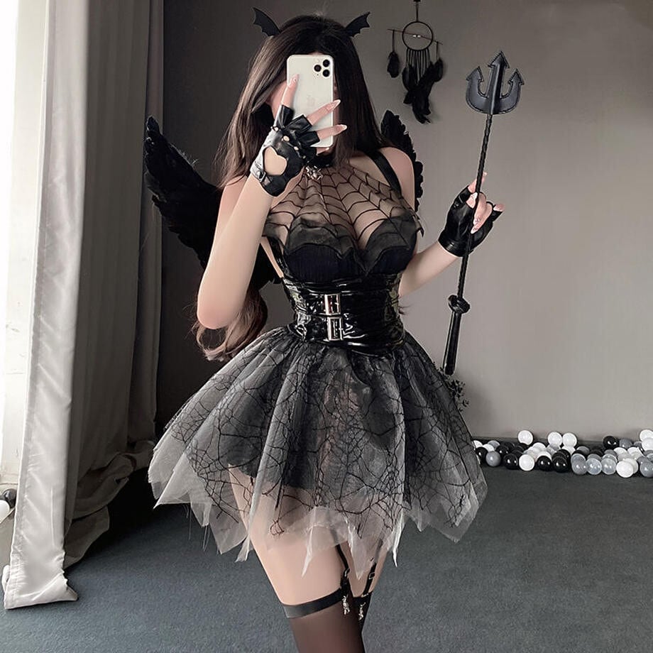 【ハロウィン】セクシー シースルー メッシュ スパイダー 小悪魔 エナメル コルセット 制服風 コスチューム ランジェリー