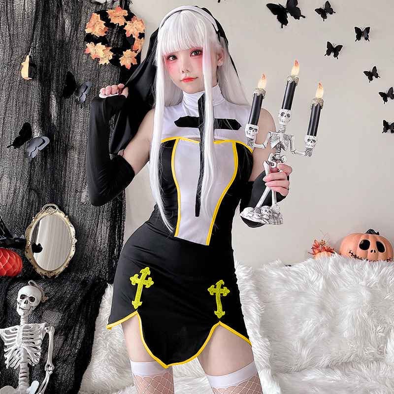 【ハロウィン】大人用セクシー修道女コスチューム・十字架吸血鬼・ブラックマリア・舞台・劇用衣装