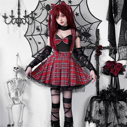 【ハロウィン】コスプレ ゴシックパンク 赤黒チェック Y2K ロック風 ワンピース ガールズグループ ステージ衣装