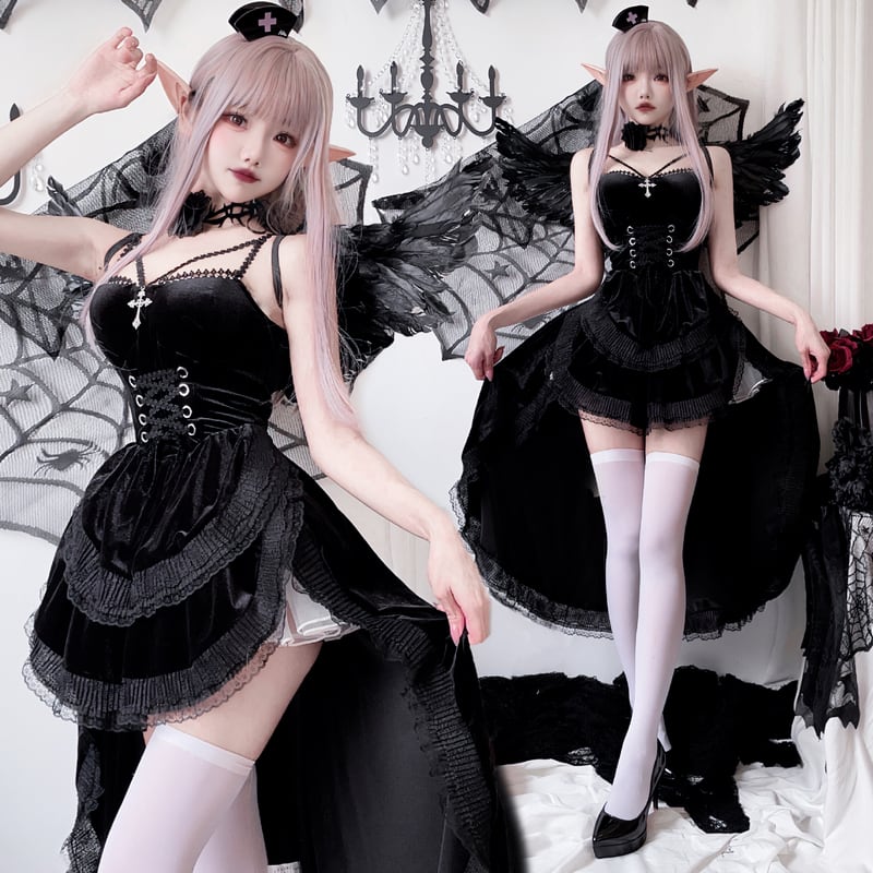 2カラー【ハロウィン】レディース ゴシック ダーク テールドレス 魔女