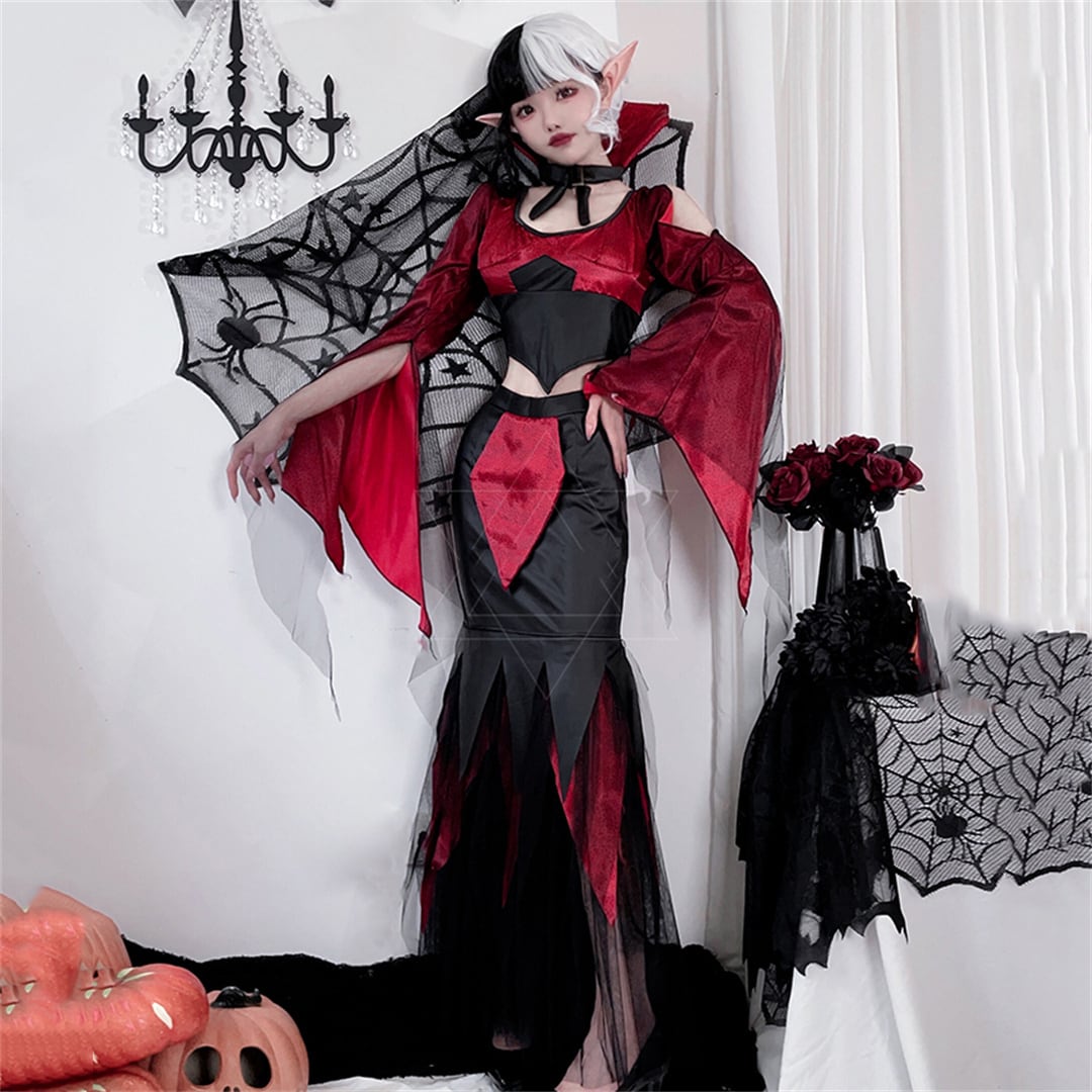 【ハロウィン】大人用 コスチューム 黒白 魔女 吸血鬼 ロングドレス ウィッチ ゴーストブライド クイーン コスプレ